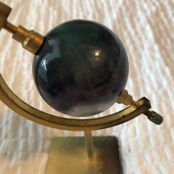 VINTAGE MINI SPACE GLASS MARBLE With Brass Support Decorative Desk Globe 3”X 4.5 - Picture 2 of 7